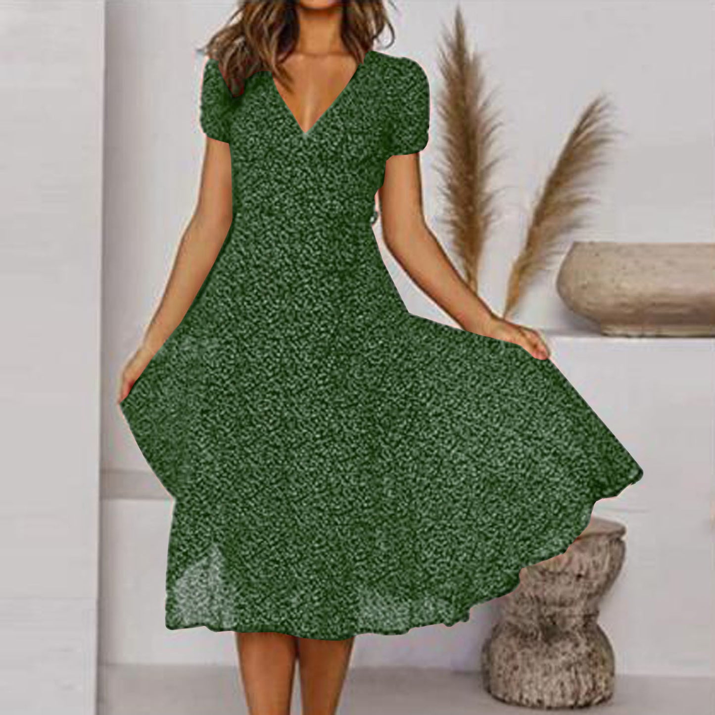 🌈💃👗😍Rochie nouă la modă pentru femei, cu buline, decolteu în V și mâneci scurte, rochie din șifon cu buline