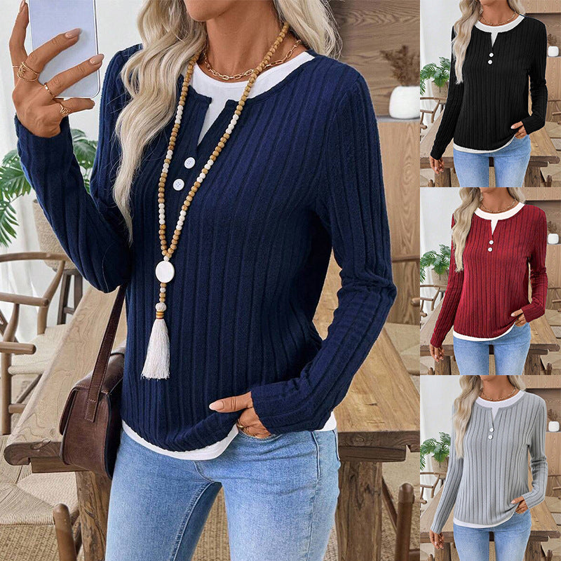 【50 % popust】【S-2XL】Jesensko-zimska nova ženska umetna dvodelna pulover z okroglim izrezom in gumbi, brušena majica z dolgimi rokavi