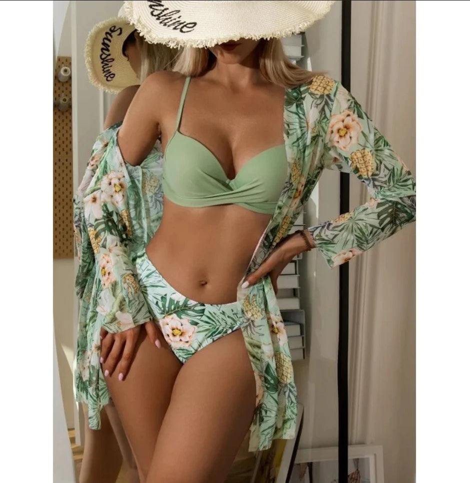 🔥👙 2025Costum de baie din trei piese cu talie înaltă și mânecă lungă, imprimat