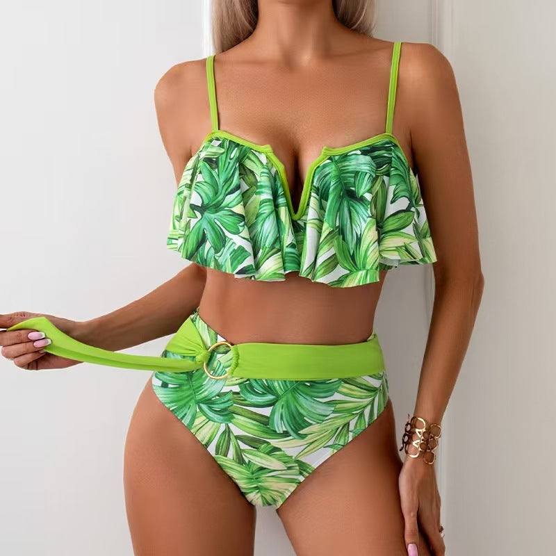 🏄♀️🌴【50% popust 🔥】【S–XL】👙 Bikini za ženske večjih velikosti — havajski stil, kontrastne barve, okrogla zaponka