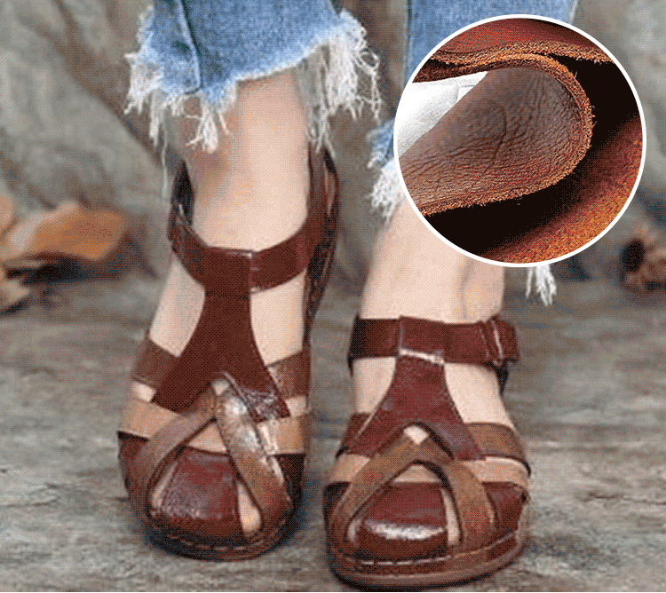 ✨ 🎁 【35-43】✨ 2025 noi sandale din piele moale, cu talpă groasă și vârf deschis, vârf rotund retro, toc plat, talpă groasă și scobită în gol
