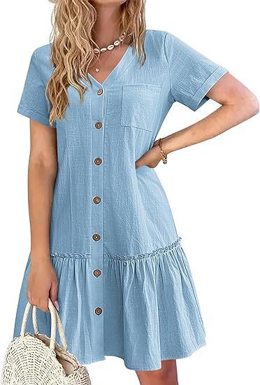 👗🍀Volné letní šaty z bavlny a lnu, nařasený spodní díl, každodenní šaty s krátkými rukávy