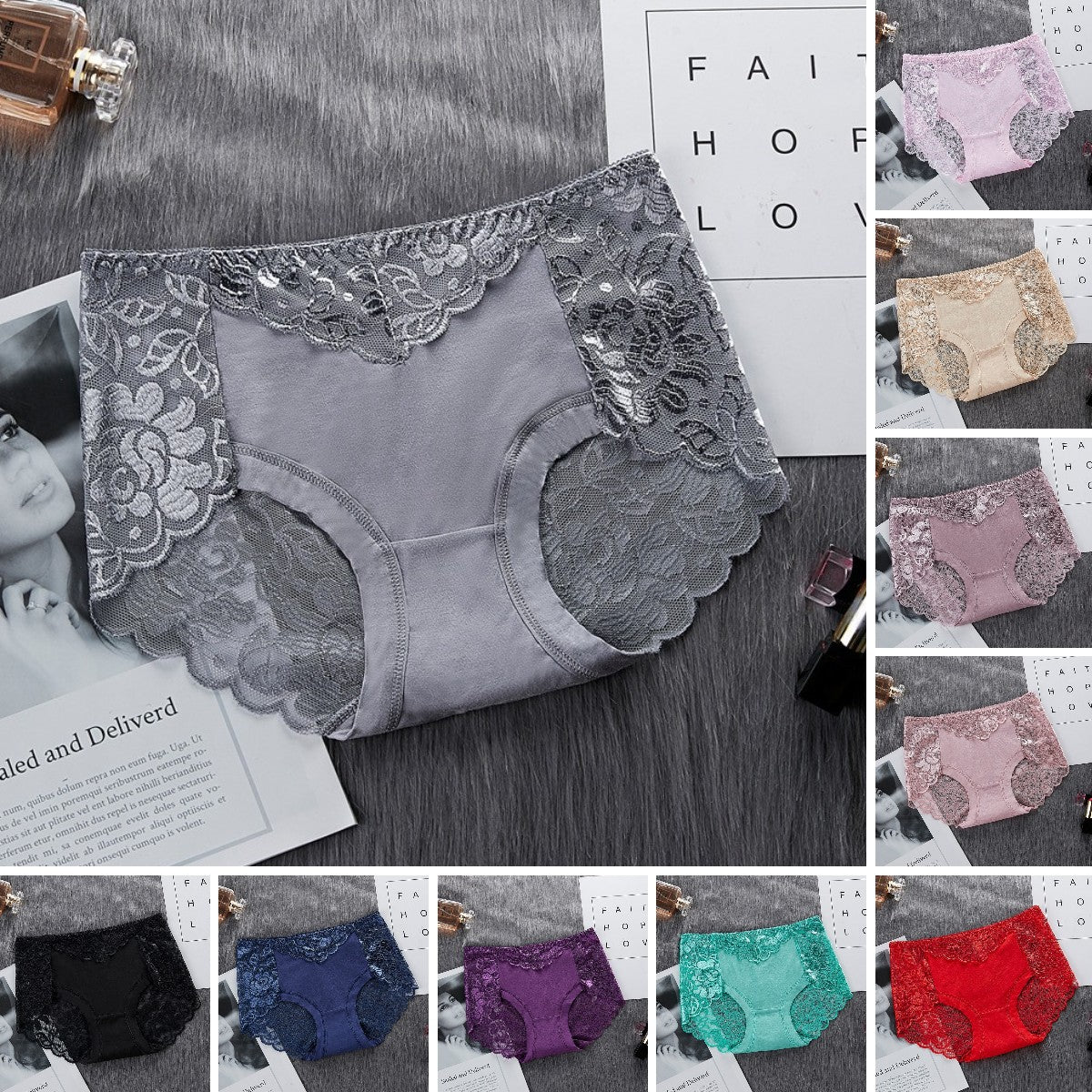 【10 barev】【M-3XL】 Dámské sexy krajkové zvedací kalhotky se středním pasem