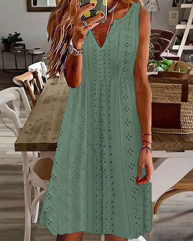 🧚♀️ 【50% popust 🔥】【S–5XL】😍 Nova poletna obleka za ženske, večje številke, enobarvna, brez rokavov, z V-izrezom in zračnim žakardovim vzorcem