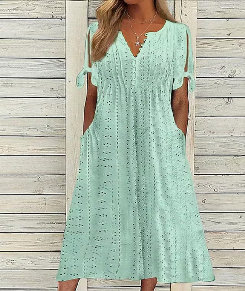 【S-3XL】Rochie la modă, lejeră, brodata cu talie înaltă, de culoare uni