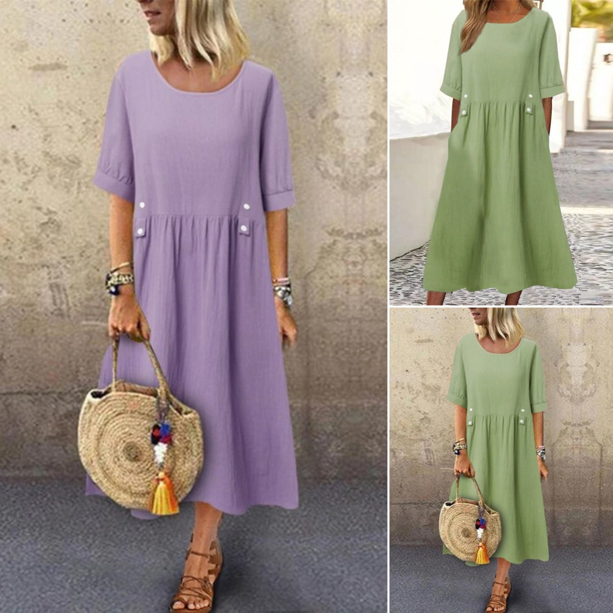 🔥🔥【50%OFF】👗👗2025 Poletna ohlapna obleka iz bombaža in lanu z okroglim izrezom in kratkimi rokavi