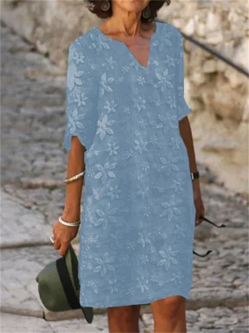 ✨✨【M-5XL】Enobarvna potiskana bombažna in lanena obleka, elegantna in modna,Na voljo več velikosti