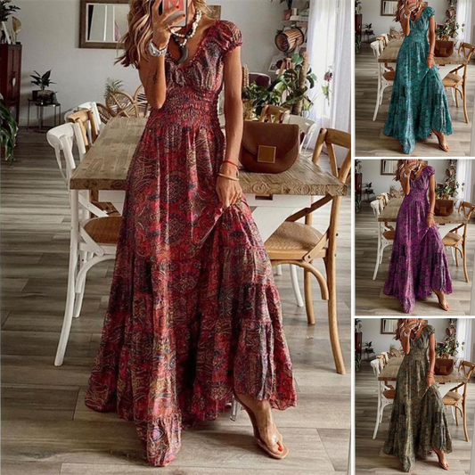 👗✨【50% popust 🔥】【S–2XL】Nova dolga boemska obleka s poudarjenim pasom, ležernega kroja s cvetličnim vzorcem