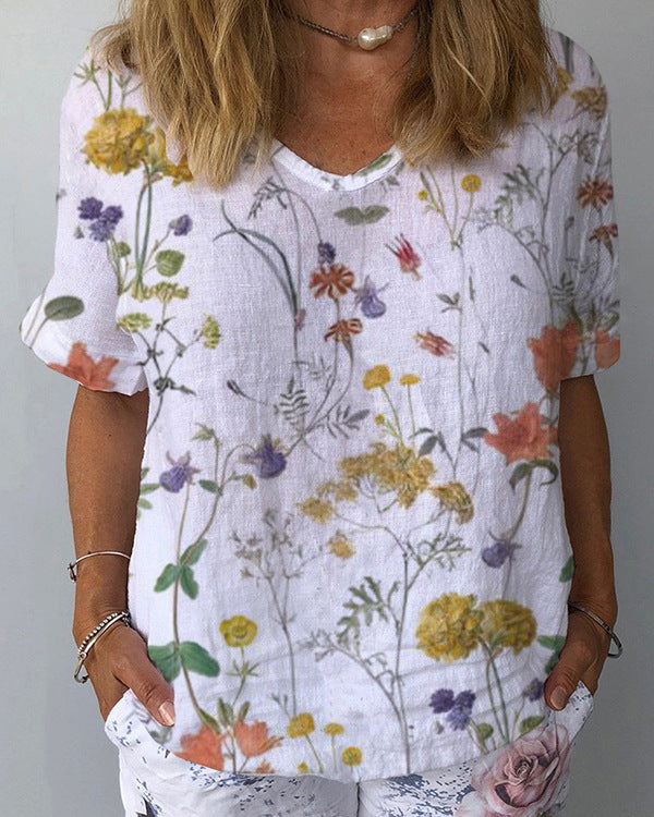🌈💐【XS-4XL】Treu cu mânecă scurtă din bumbac cu imprimeu floral