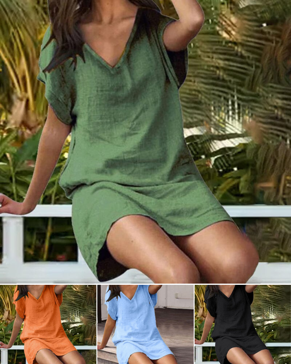 🌈😍【50% popust 🔥】【S-5XL】👗Nova poletna obleka za ženske, bombaž in lan, enobarvna, z V-izrezom in kratkimi rokavi, 9 barv