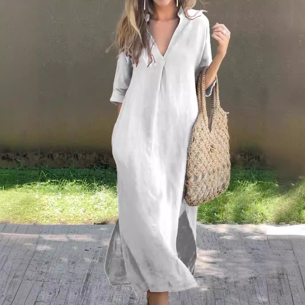 🌿💃【50% popust 🔥】【S–3XL】Nova ženska dolga obleka iz bombaža in lana za večje številke z V-izrezom in stranskimi razporki