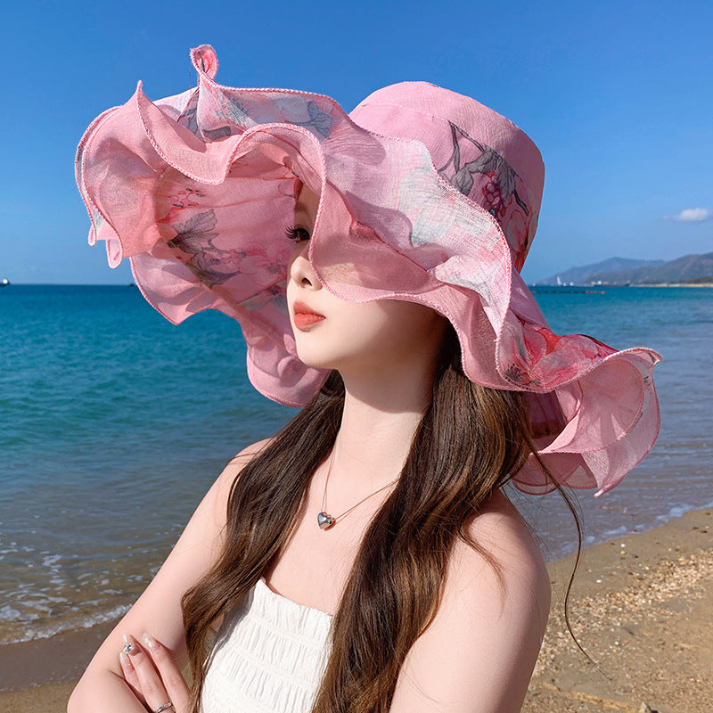 🎀👒【Letní novinky – sleva 50 % ✨】Dámská letní plážová čepice z bavlny a lnu s vlnitým okrajem, nositelná na obou stranách