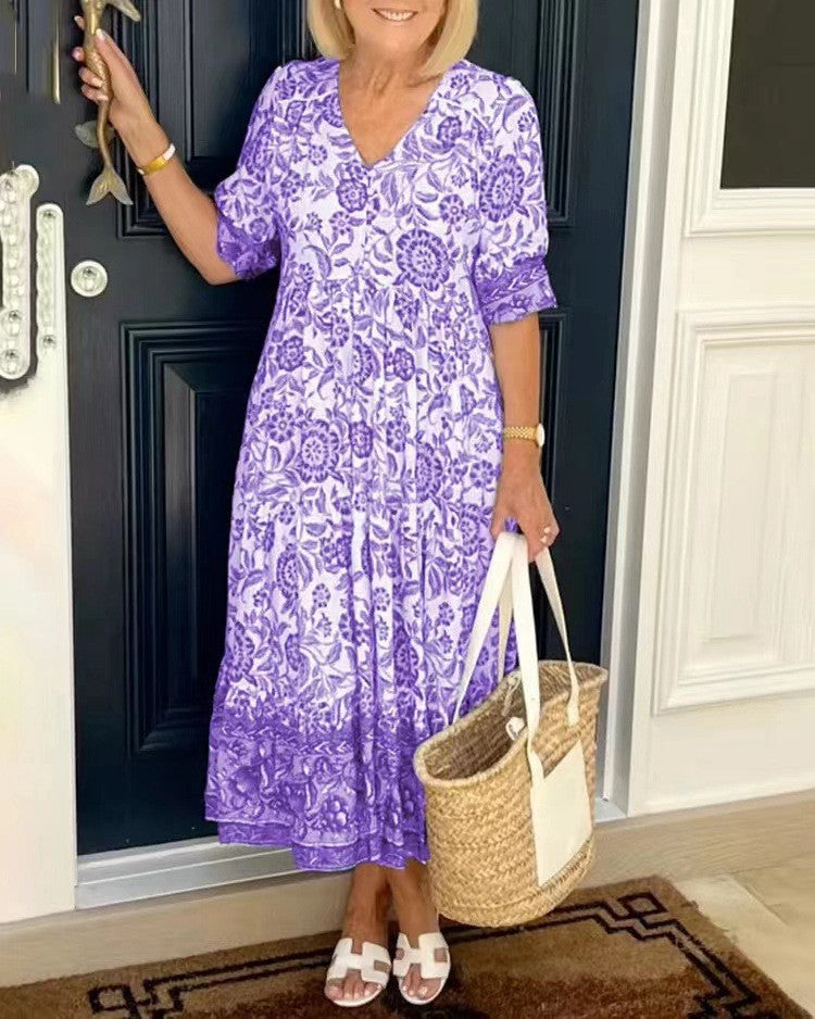 💃【S-3XL】Rochie lungă elegantă cu imprimeu floral și decolteu în V, nouă 2025_3994382