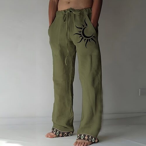 👖🌙【50% popust 🔥】【S–6XL】Nove moške hlače iz bombaža in lana z luninim vzorcem, široke ravne hlačnice, ležerni kroj, večje velikosti