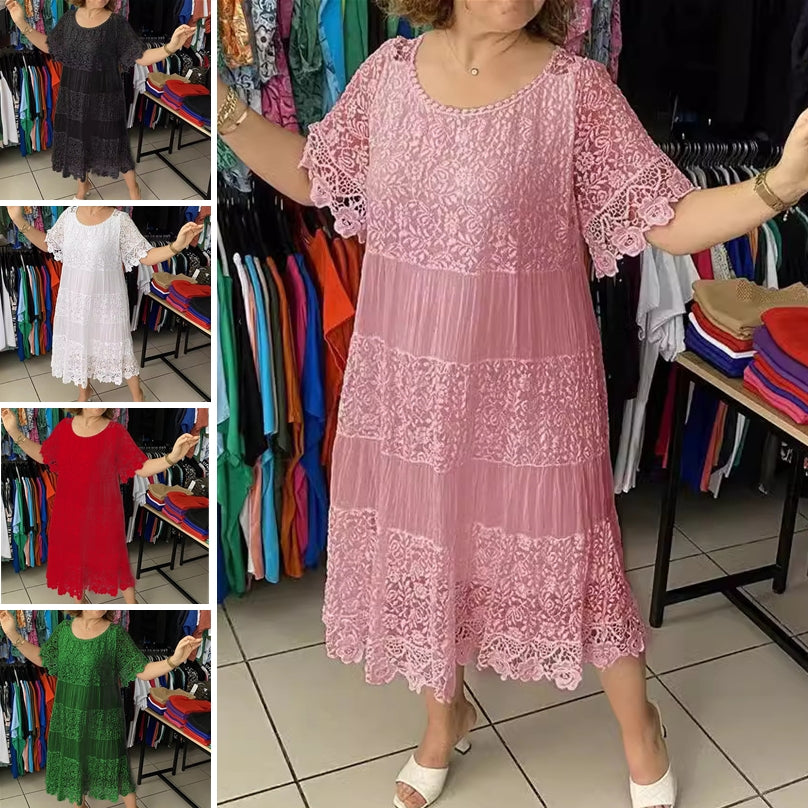 ✨【S-5XL】Nova čipkasta obleka s kratkimi rokavi in okroglim izrezom