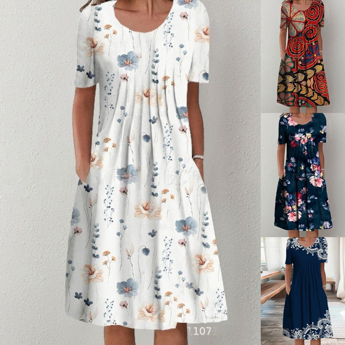 【50% kedvezmény】【S-5XL】 🌺🌺 Divatos, kerek nyakú, mintás ruha.