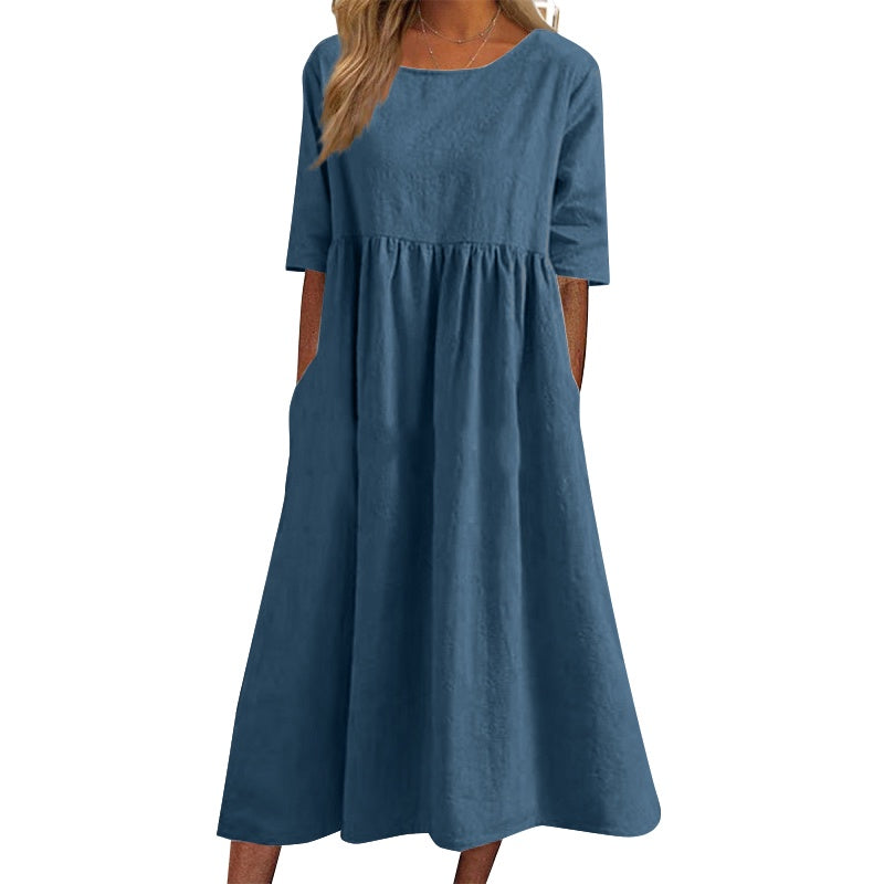 💕【50 % popust】【S-5XL】Ležerna obleka z žepi 2025, ohlapna, enobarvna in zelo udobna