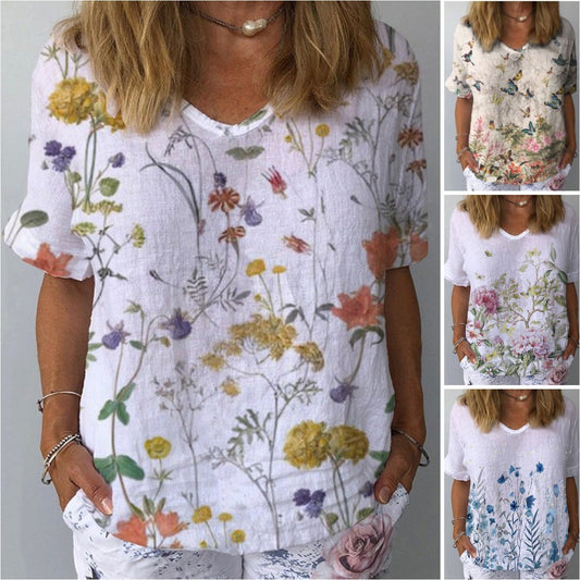 🌈💐【XS-4XL】Treu cu mânecă scurtă din bumbac cu imprimeu floral