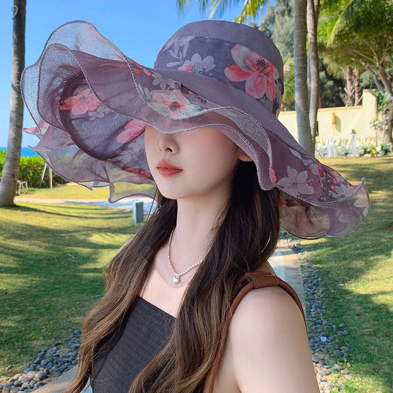 🎀👒【Letní novinky – sleva 50 % ✨】Dámská letní plážová čepice z bavlny a lnu s vlnitým okrajem, nositelná na obou stranách