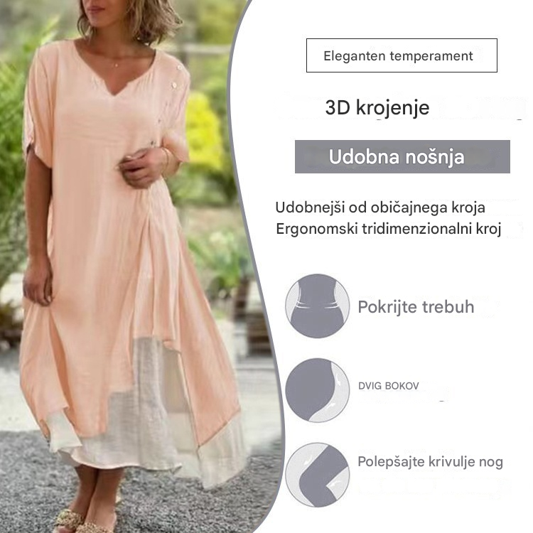 šNova spomladansko-poletna modna lažna dvodelna asimetriÄna obleka z V-izrezom in kratkimi rokavi