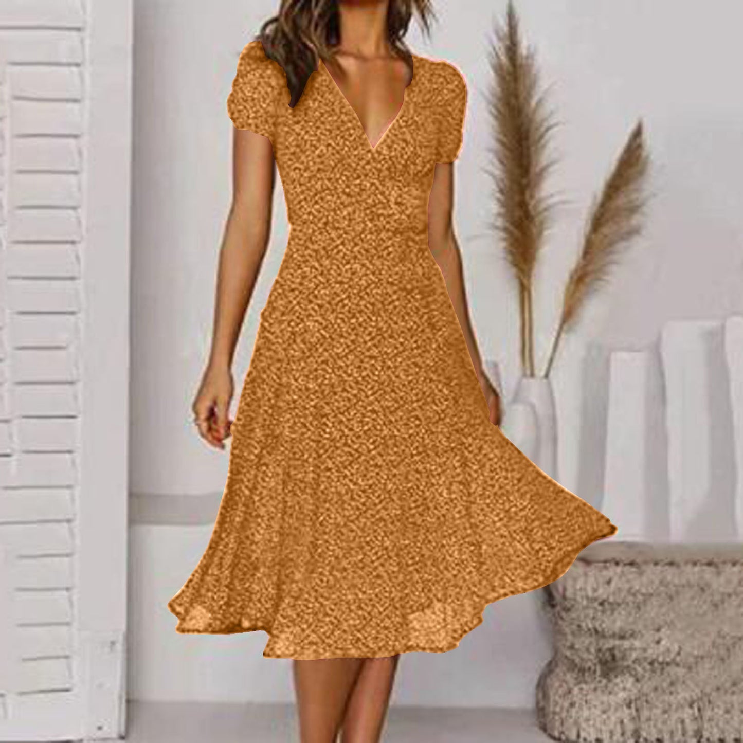 🌈💃👗😍Rochie nouă la modă pentru femei, cu buline, decolteu în V și mâneci scurte, rochie din șifon cu buline