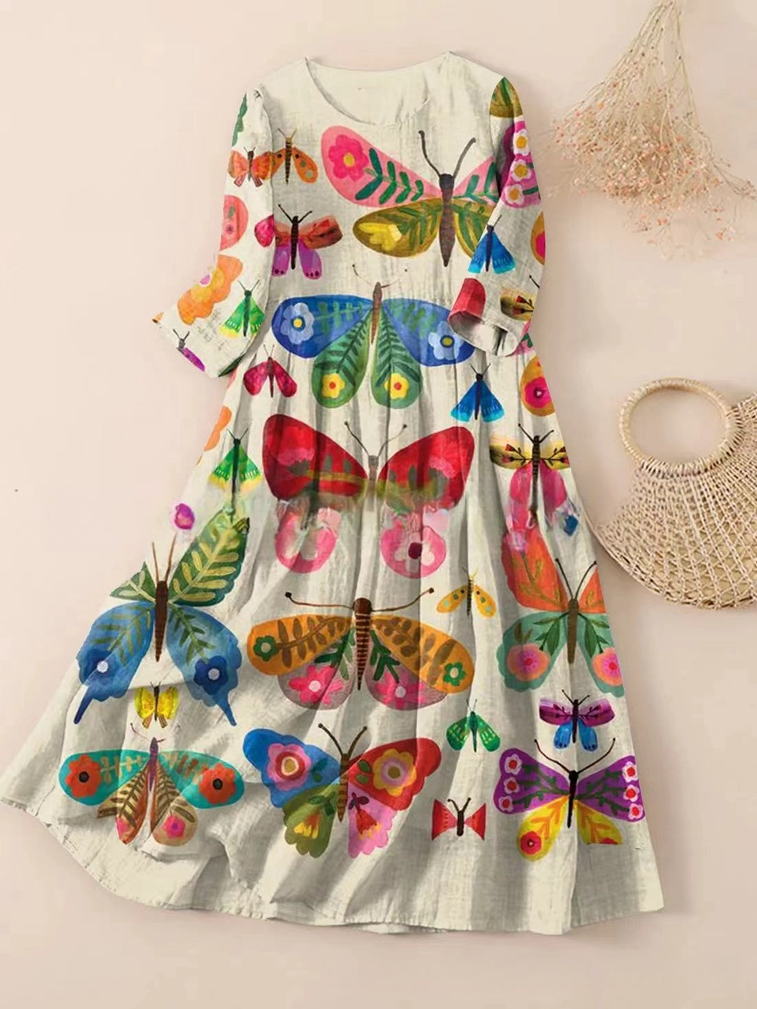 【50 % popust】【S-3XL】🌼Nova nagubana obleka s cvetličnim potiskom in okroglim izrezom🌸mlada in lepa