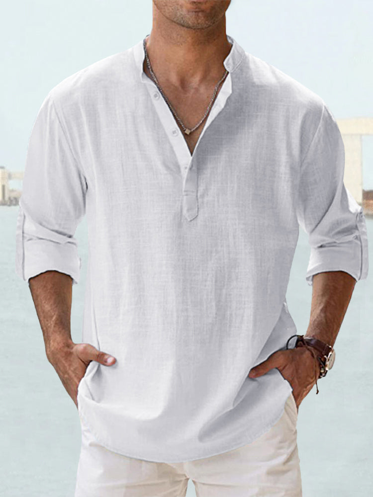 🤩✨【S-5XL】2025 Cămașă casual pentru bărbați din bumbac și in, culoare solidă, mânecă lungă, cămașă cu guler înalt, lejeră