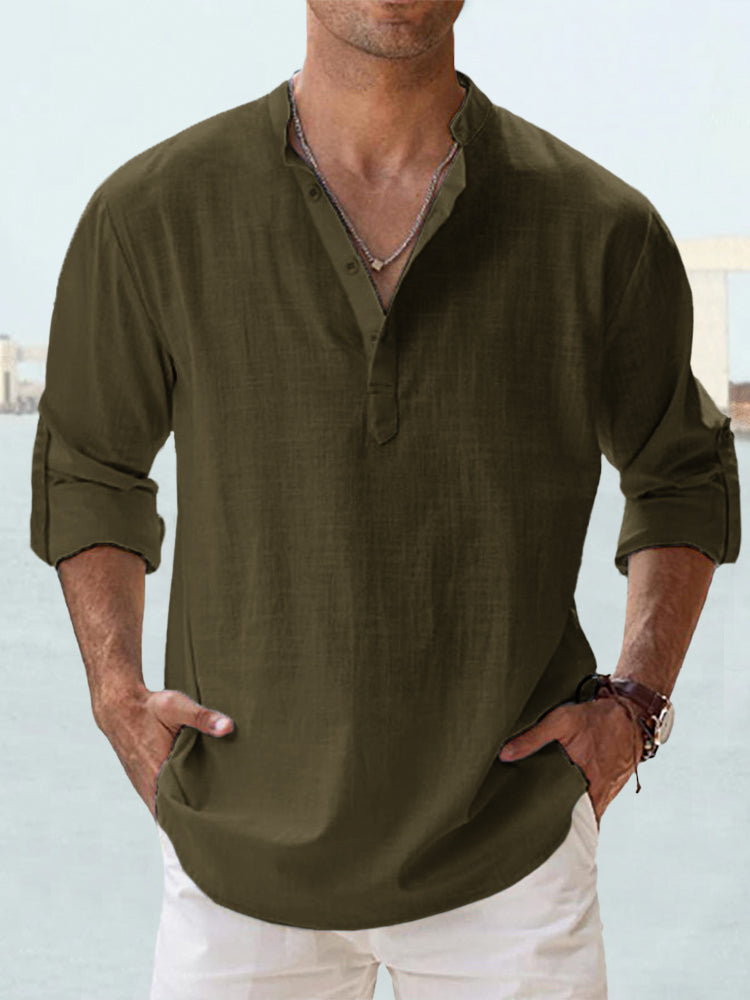 🤩✨【S-5XL】2025 Cămașă casual pentru bărbați din bumbac și in, culoare solidă, mânecă lungă, cămașă cu guler înalt, lejeră