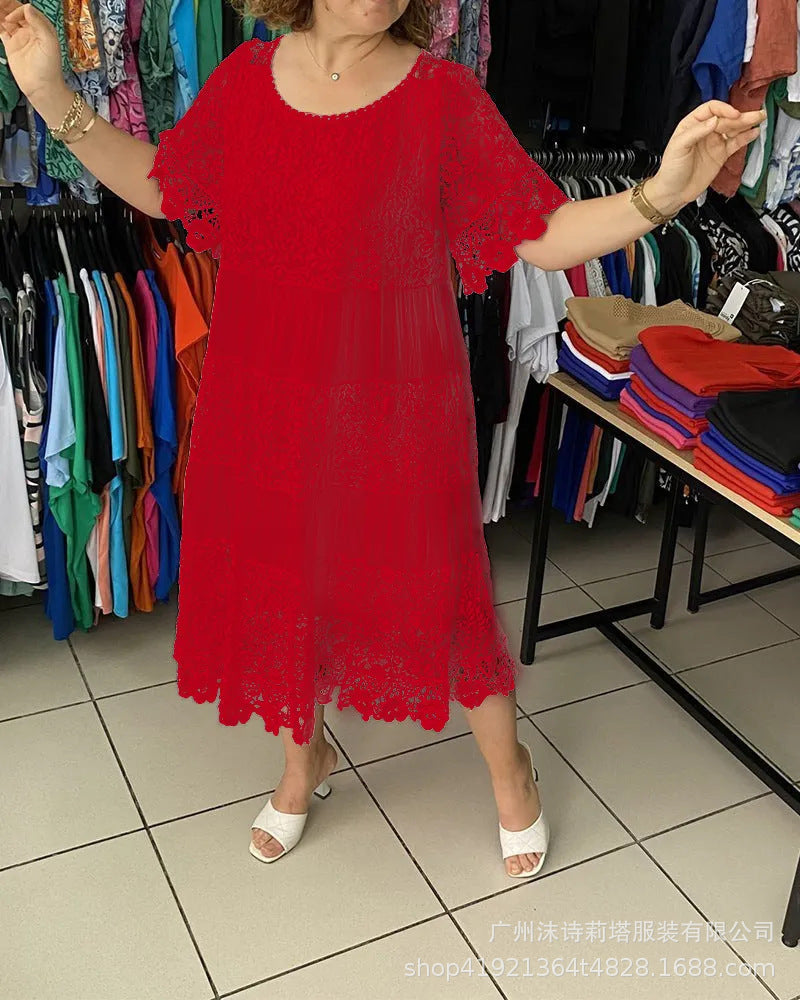 ✨【S-5XL】Nova čipkasta obleka s kratkimi rokavi in okroglim izrezom