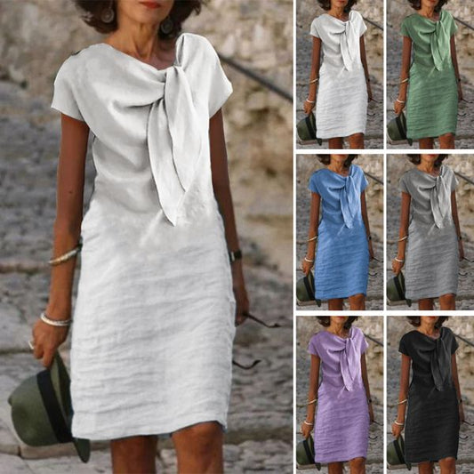 【S-3XL】Obleka iz bombaža in lana z okroglim izrezom in zavezovanjem, enobarvna, s kratkimi rokavi, model 2025