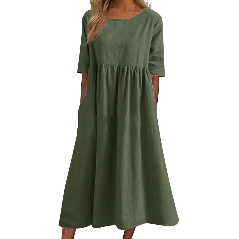 💕【50 % popust】【S-5XL】Ležerna obleka z žepi 2025, ohlapna, enobarvna in zelo udobna