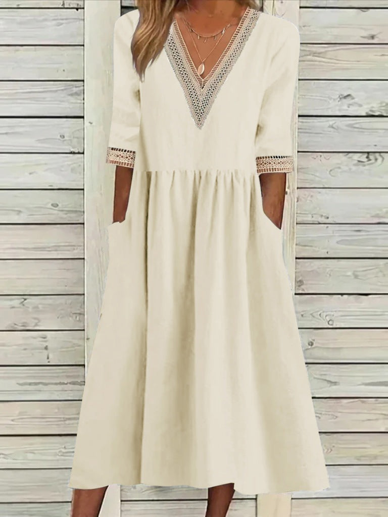 🌈👗【50% popust 🔥】【40-90 kg】👑 Ženska midi obleka iz bombaža in lana s čipkastim ovratnikom, v večjih velikostih
