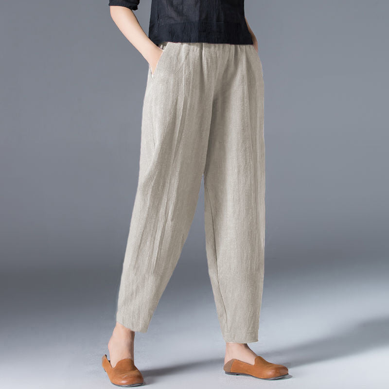 🌿🌿【50 % popust 🔥】【S–5XL】Ženske ohlapne široke hlače iz bombaža in lana v velikih velikostih