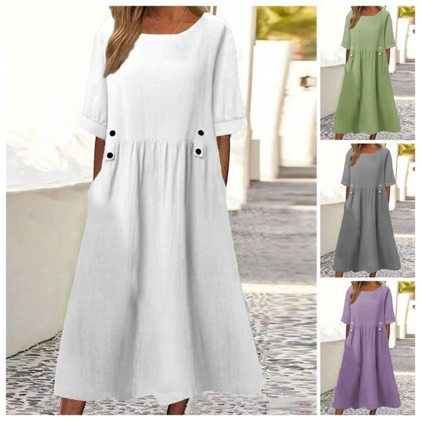 🔥🔥【50%OFF】👗👗2025 Poletna ohlapna obleka iz bombaža in lanu z okroglim izrezom in kratkimi rokavi