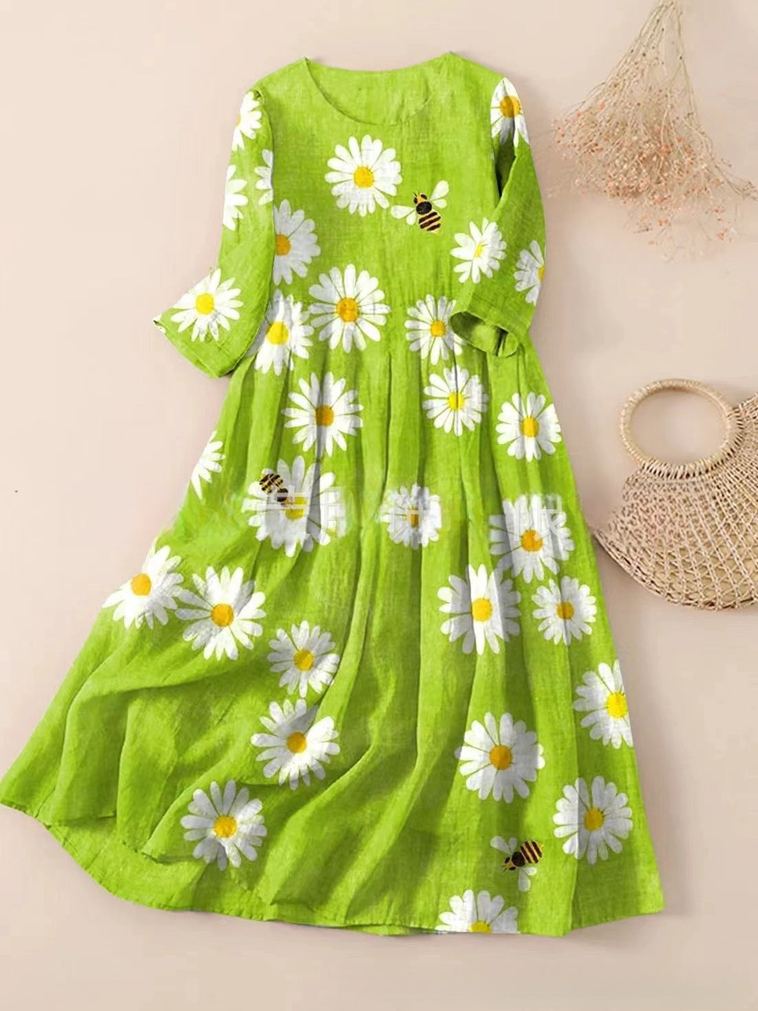 【50 % popust】【S-3XL】🌼Nova nagubana obleka s cvetličnim potiskom in okroglim izrezom🌸mlada in lepa