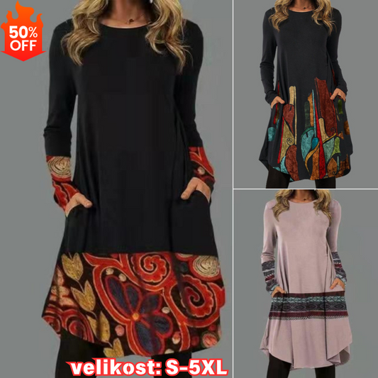 🔥【50% sleva】🔥【S-5XL】Šaty s retro potiskem v etnickém stylu, podzimní a zimní