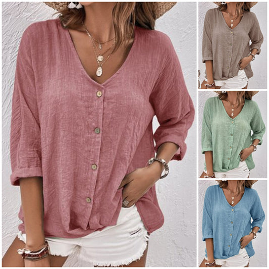 🔥【Časovno omejen 50 % popust】【S-5XL】Ženske bombažne in lanene majice z V-izrezom