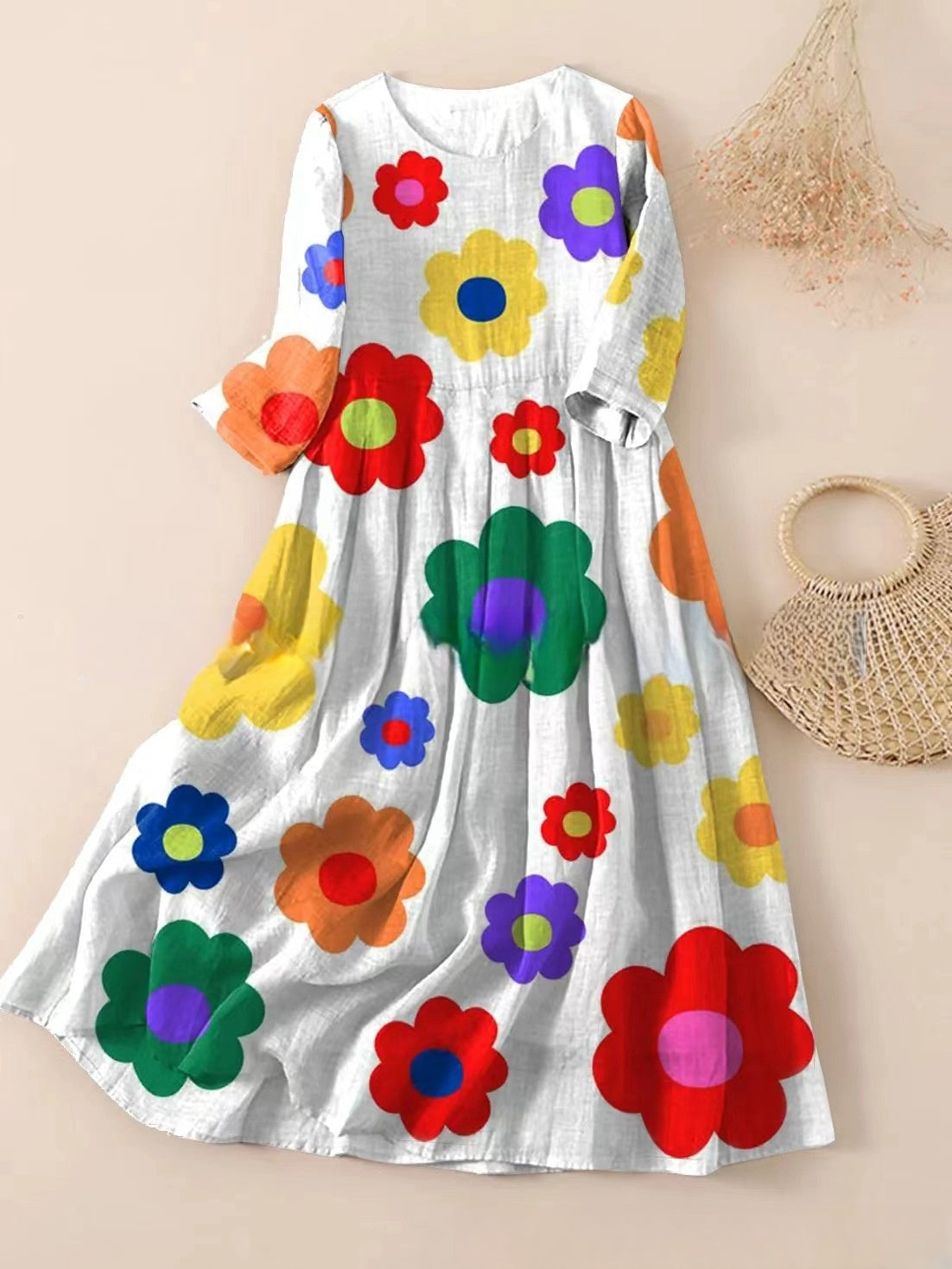 【50 % popust】【S-3XL】🌼Nova nagubana obleka s cvetličnim potiskom in okroglim izrezom🌸mlada in lepa