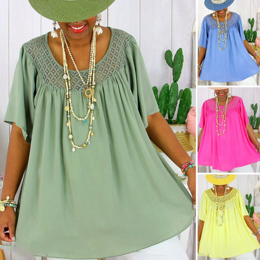 💖【XL-8XL】Dámské letní nové jednobarevné volné krajkové oblečení pro větší velikosti