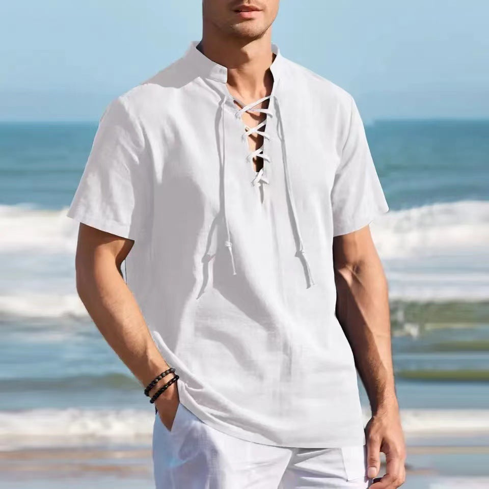 🏄♂️👔【50% popust 🔥】【S-3XL】Moška majica Henley, bombaž in lan, velike velikosti, z V-izrezom in okrasno vrvico