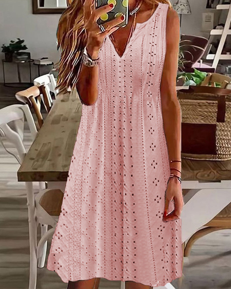 🧚♀️ 【50% popust 🔥】【S–5XL】😍 Nova poletna obleka za ženske, večje številke, enobarvna, brez rokavov, z V-izrezom in zračnim žakardovim vzorcem