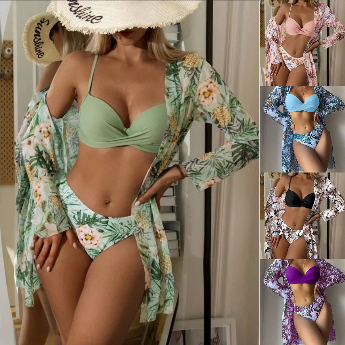 🔥👙 2025Costum de baie din trei piese cu talie înaltă și mânecă lungă, imprimat