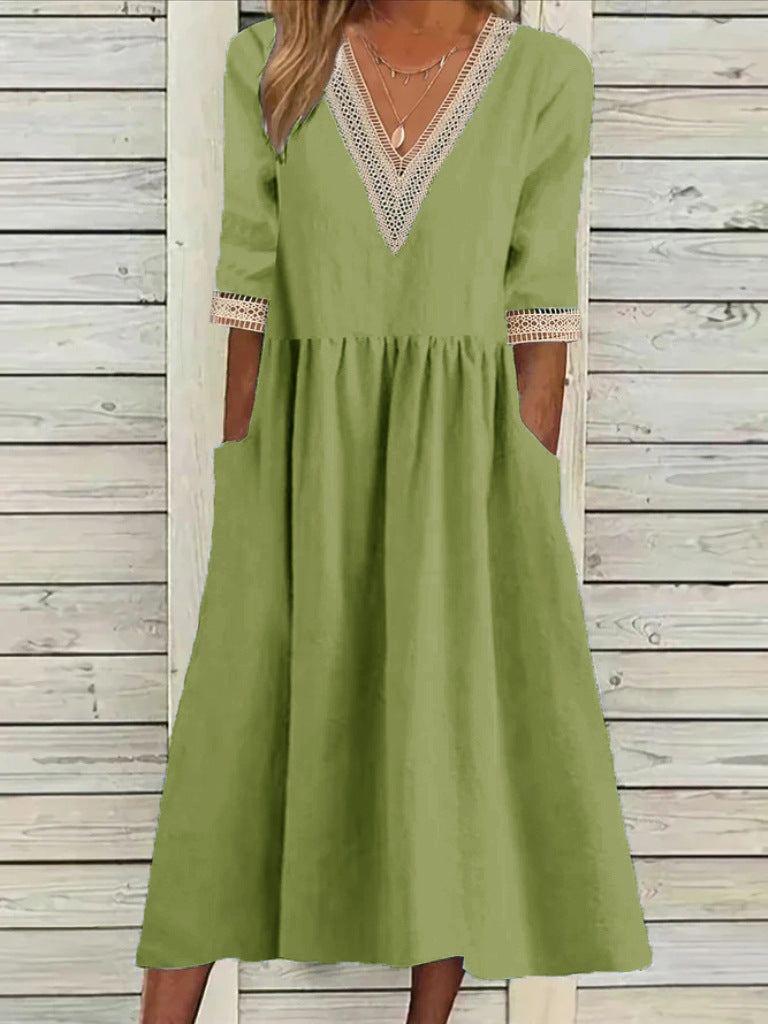 🌈👗【50% popust 🔥】【40-90 kg】👑 Ženska midi obleka iz bombaža in lana s čipkastim ovratnikom, v večjih velikostih