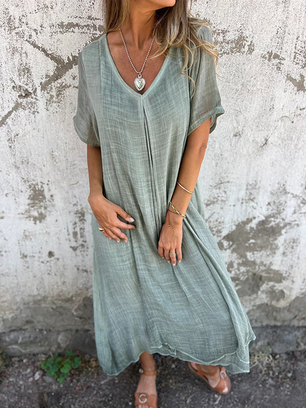 🔥【50 % popust】🥰👗【S-3XL】Nove modne obleke z V-izrezom iz bombaža in lana za leto 2025