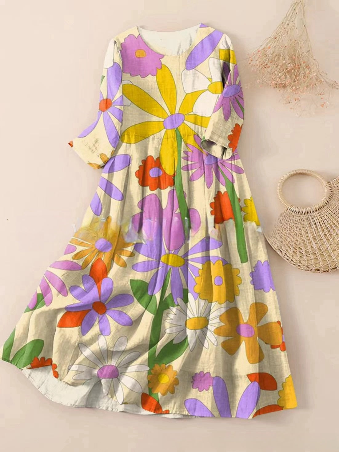 【50 % popust】【S-3XL】🌼Nova nagubana obleka s cvetličnim potiskom in okroglim izrezom🌸mlada in lepa