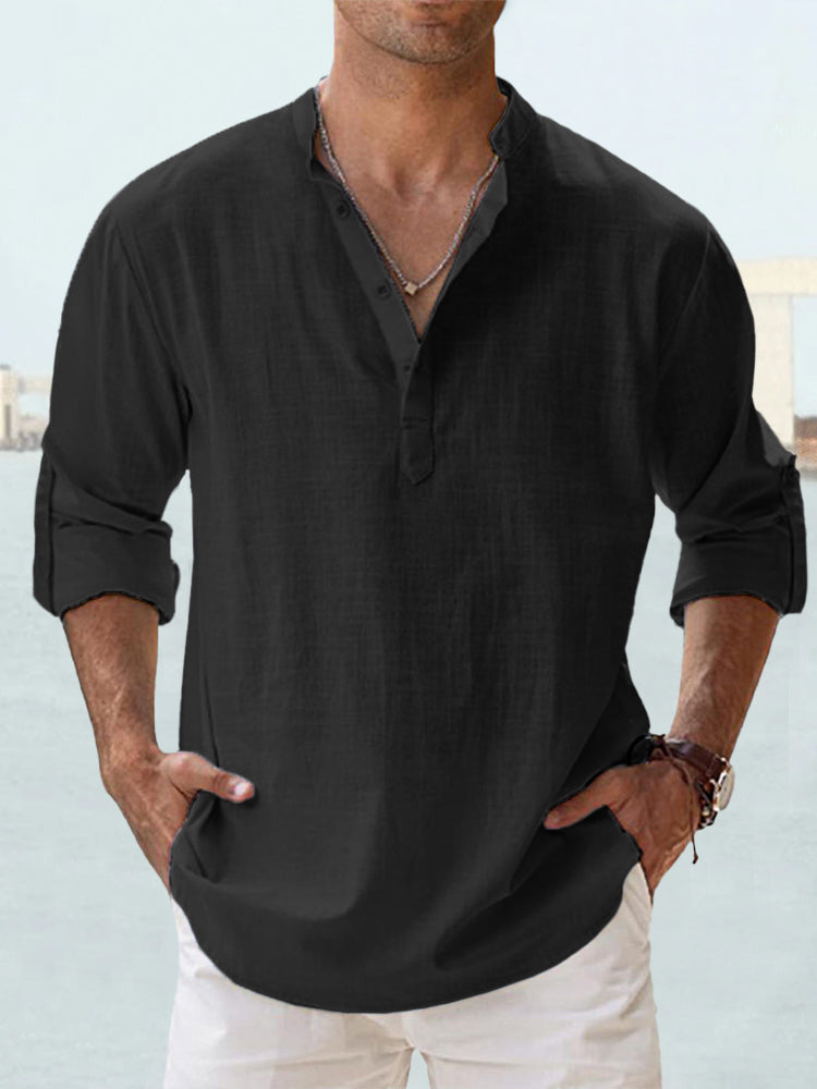 🤩✨【S-5XL】2025 Cămașă casual pentru bărbați din bumbac și in, culoare solidă, mânecă lungă, cămașă cu guler înalt, lejeră