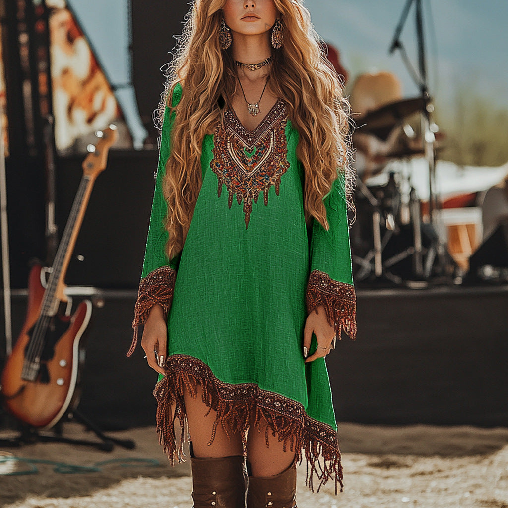 【50% kedvezmény】🎉【S-3XL】Retró mintás és bojtos női ruha