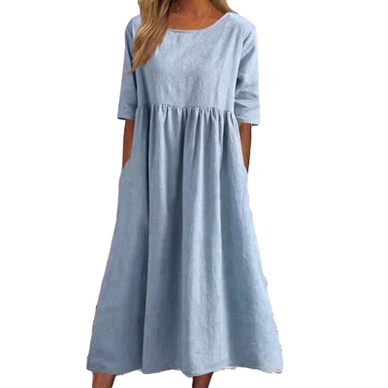 💕【50 % popust】【S-5XL】Ležerna obleka z žepi 2025, ohlapna, enobarvna in zelo udobna