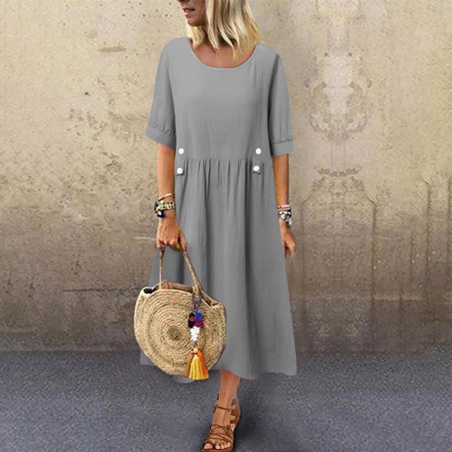 🔥🔥【50%OFF】👗👗2025 Poletna ohlapna obleka iz bombaža in lanu z okroglim izrezom in kratkimi rokavi