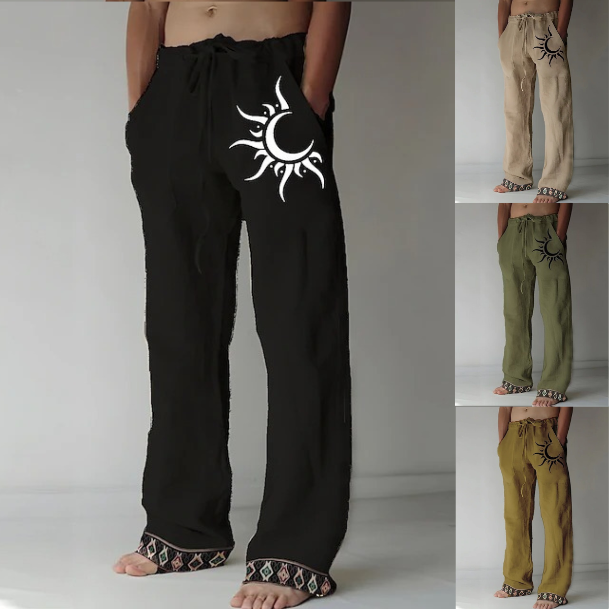 👖🌙【50% popust 🔥】【S–6XL】Nove moške hlače iz bombaža in lana z luninim vzorcem, široke ravne hlačnice, ležerni kroj, večje velikosti